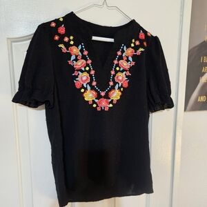 Light Black Blouse with Colorful Floral Embroidery